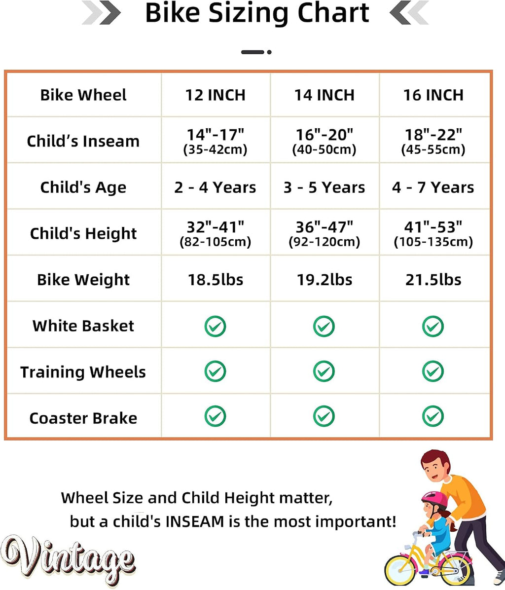 Vintage 12 & 14 & 16 Inch Kids Bike with Basket & Training Wheels for 2-7 Years Old Girls & Boys (Green, Ivory & Pink) | with Basket
