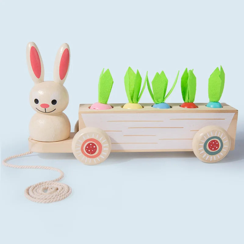 Wooden Children'S Educational Early Education Toy Creative 2 in 1 Pull Radish Rabbit Pull Cart Fruit Matching Toy Wholesale