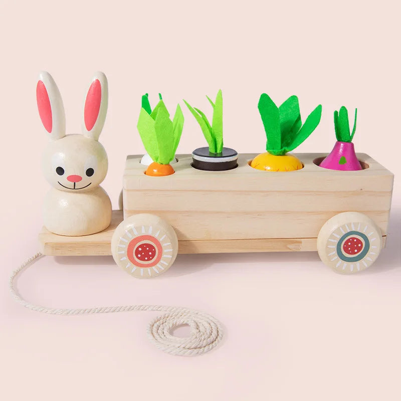 Wooden Children'S Educational Early Education Toy Creative 2 in 1 Pull Radish Rabbit Pull Cart Fruit Matching Toy Wholesale