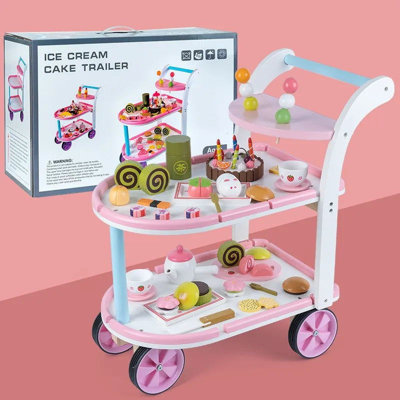 Deluxe Wooden Pretend Play Ice Cream Cake Cutting Set & Medical Trolley Simulation Kitchen Doctor Toy