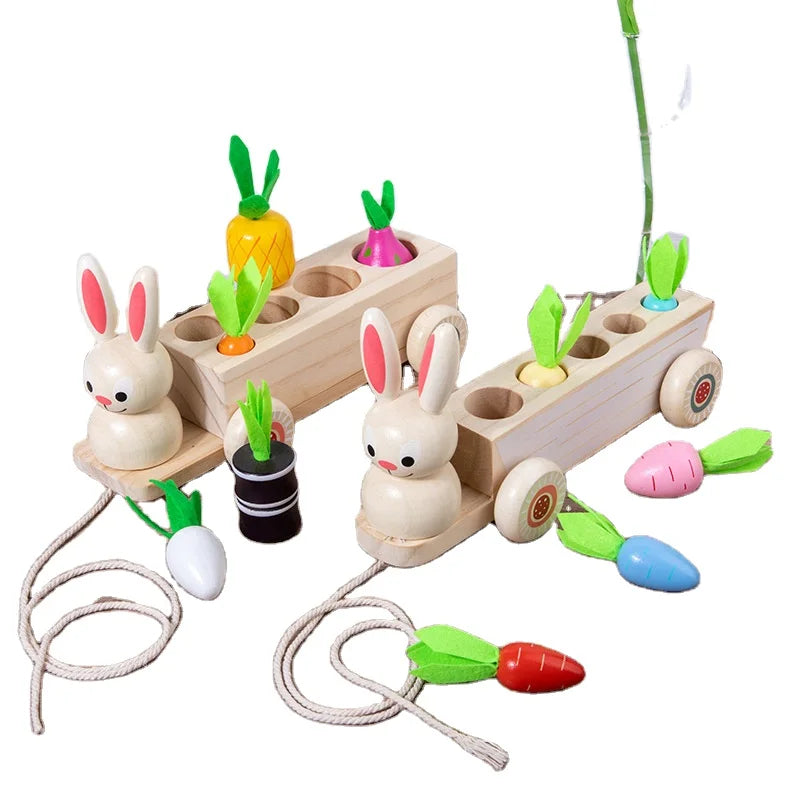 Wooden Children'S Educational Early Education Toy Creative 2 in 1 Pull Radish Rabbit Pull Cart Fruit Matching Toy Wholesale
