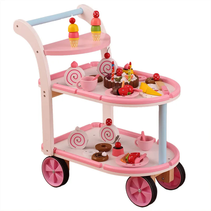 Deluxe Wooden Pretend Play Ice Cream Cake Cutting Set & Medical Trolley Simulation Kitchen Doctor Toy
