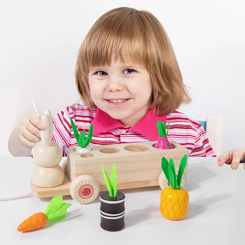 Wooden Children'S Educational Early Education Toy Creative 2 in 1 Pull Radish Rabbit Pull Cart Fruit Matching Toy Wholesale
