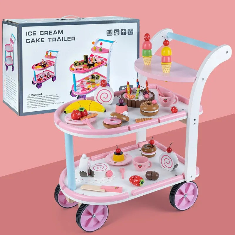 Deluxe Wooden Pretend Play Ice Cream Cake Cutting Set & Medical Trolley Simulation Kitchen Doctor Toy