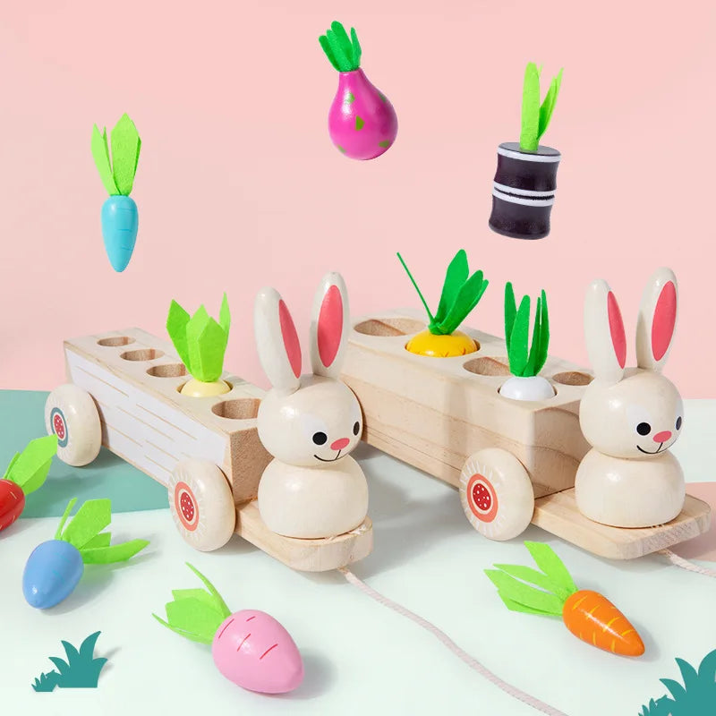 Wooden Children'S Educational Early Education Toy Creative 2 in 1 Pull Radish Rabbit Pull Cart Fruit Matching Toy Wholesale
